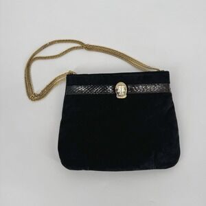 Vintage Ruth Saltz Handbag Purse Suede Snake Print Trim Black Cougar Chain